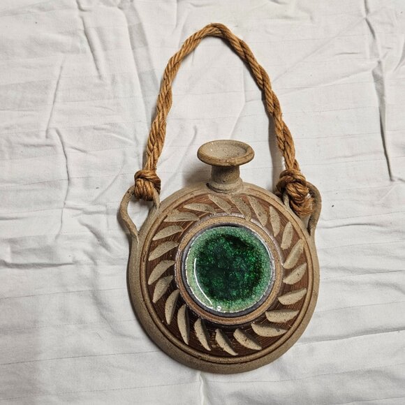 Wall Pocket Canteen Vase Stoneware w/Crackle Glass Art Pottery Hanging Decor - Picture 1 of 12